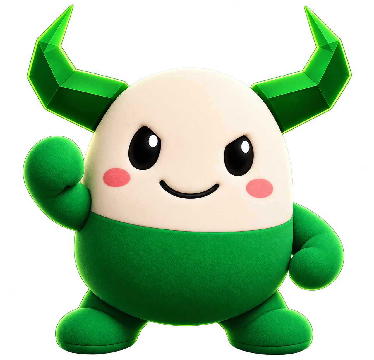 Cupsey Bull, the green and white plushie mascot with two glowing bull horns